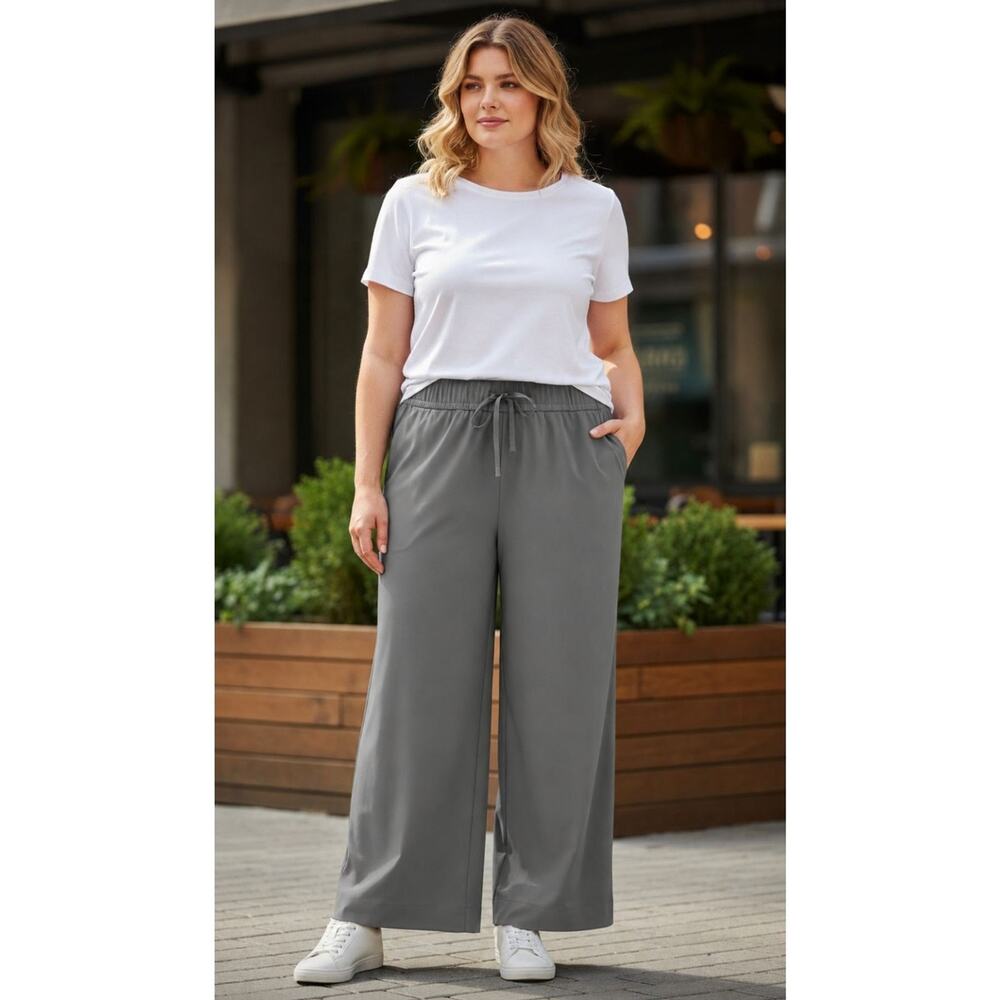 Women's 4X All in Motion Woven Wide Leg Pants Gray Elastic Waist Pockets